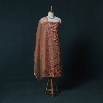 Bagru Hand Block Print Cotton 2pc Unstitched Dress Material Kurta Set with Jewellery Set 34