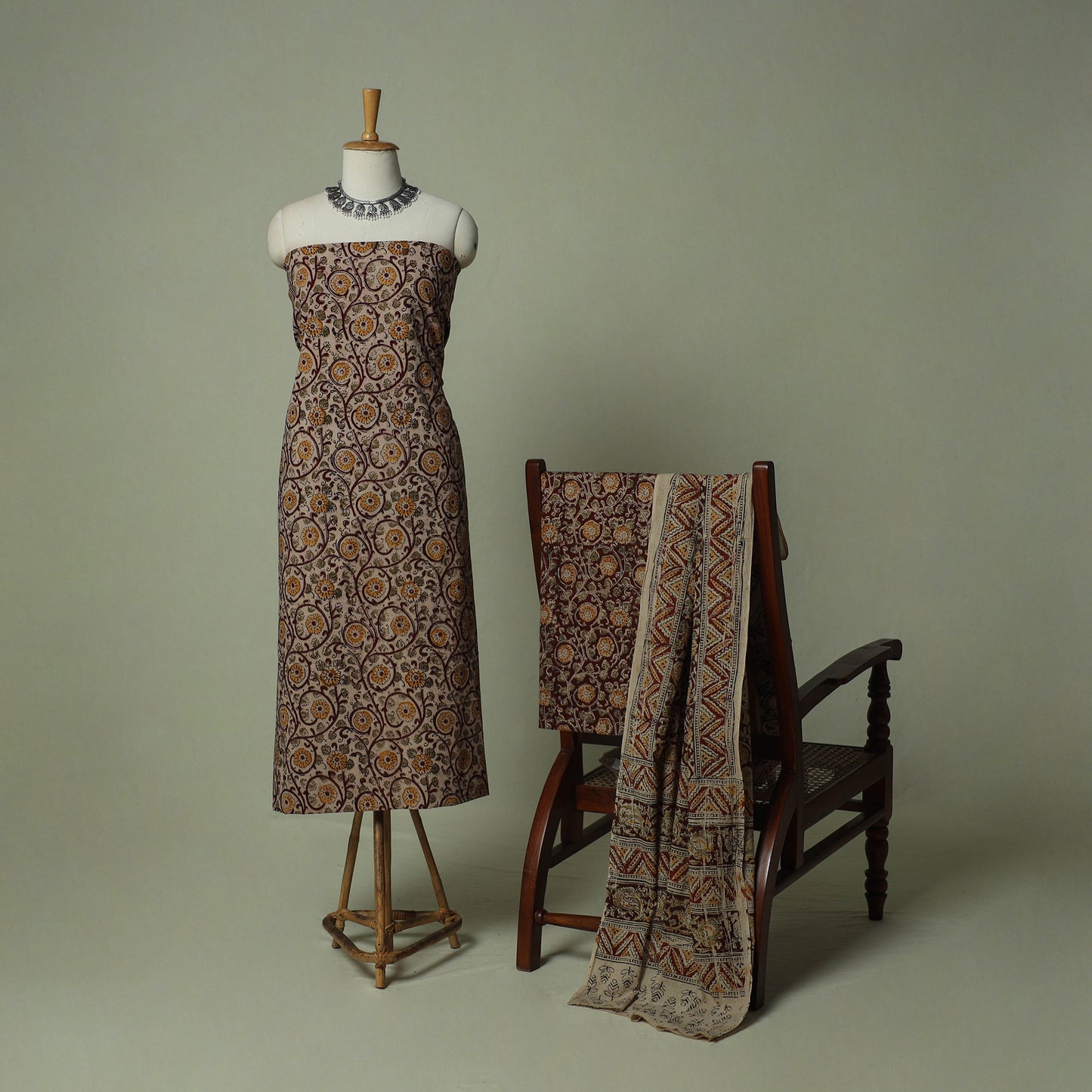 Pedana Kalamkari Hand Block Print Natural Dyed Cotton 3pc Unstitched Dress Material Suit Set 01