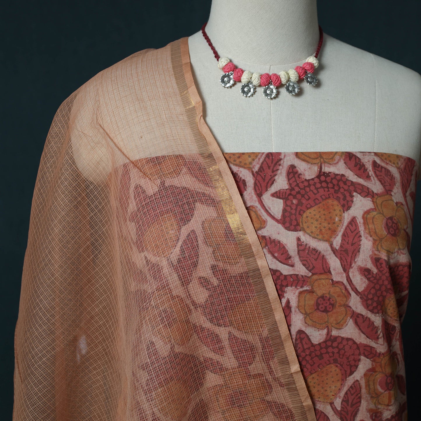 Bagru Hand Block Print Cotton 2pc Unstitched Dress Material Kurta Set with Jewellery Set 34