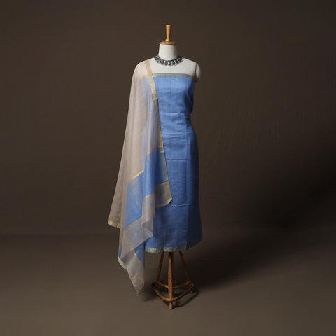 Blue - 2pc Handloom Unstitched Chanderi Silk Dress Material Kurta Set with Zari Border 05