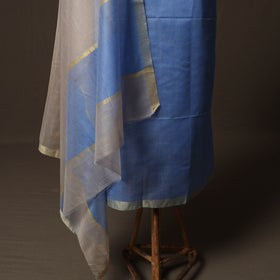 Blue - 2pc Handloom Unstitched Chanderi Silk Dress Material Kurta Set with Zari Border 05