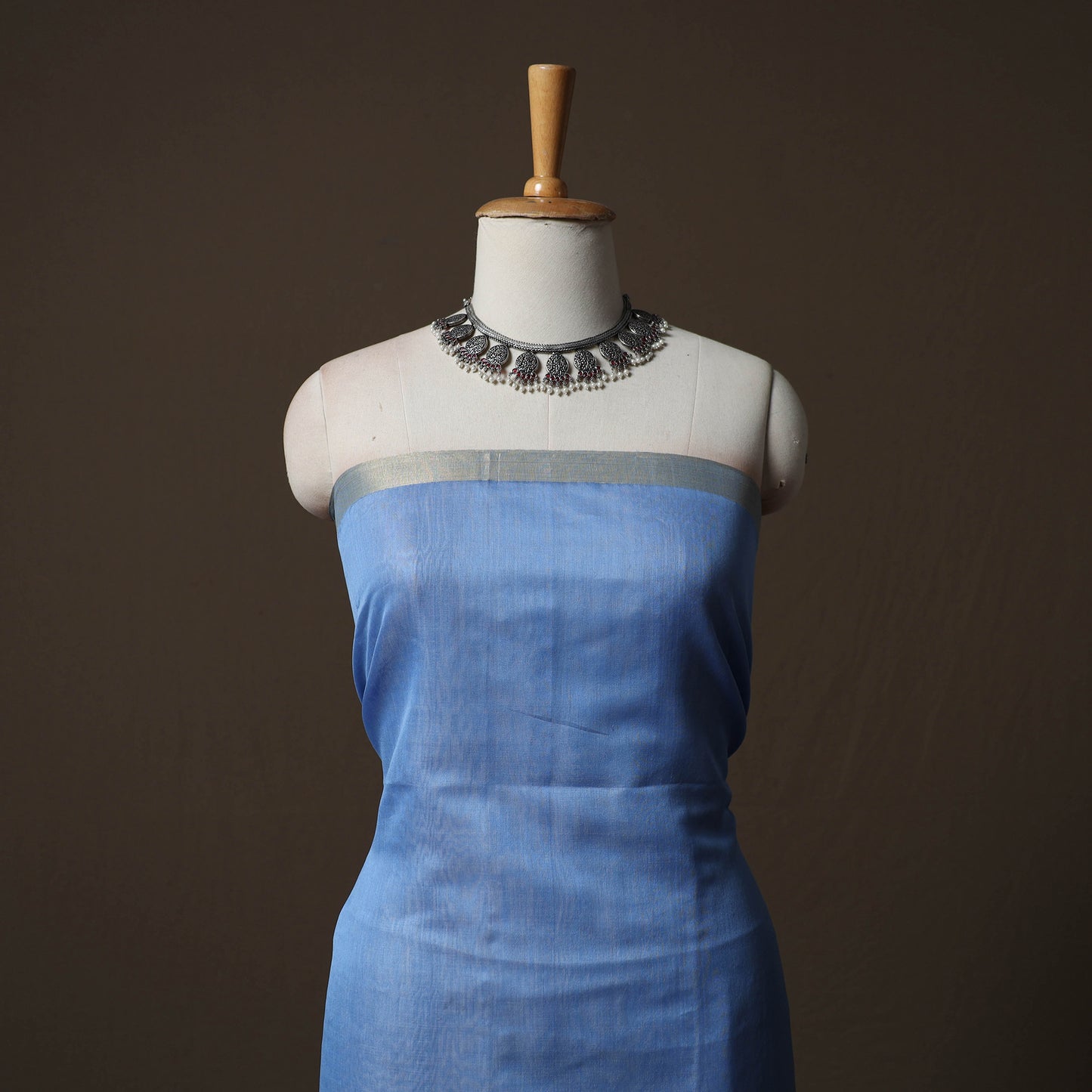 Blue - 2pc Handloom Unstitched Chanderi Silk Dress Material Kurta Set with Zari Border 05