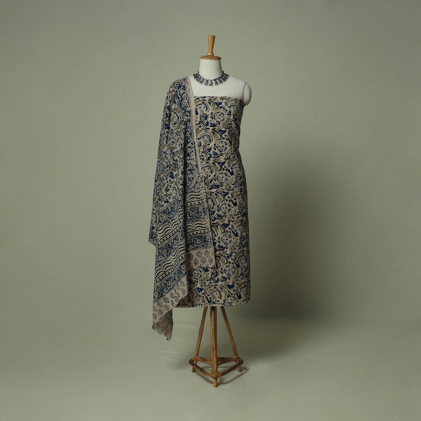 Pedana Kalamkari Hand Block Print Natural Dyed Cotton 3pc Unstitched Dress Material Suit Set 02