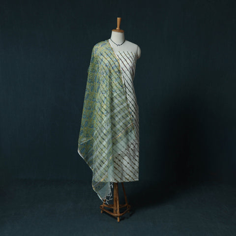 Leheriya Tie-Dye Cotton 2pc Unstitched Dress Material Kurta Set with Jewellery Set 35