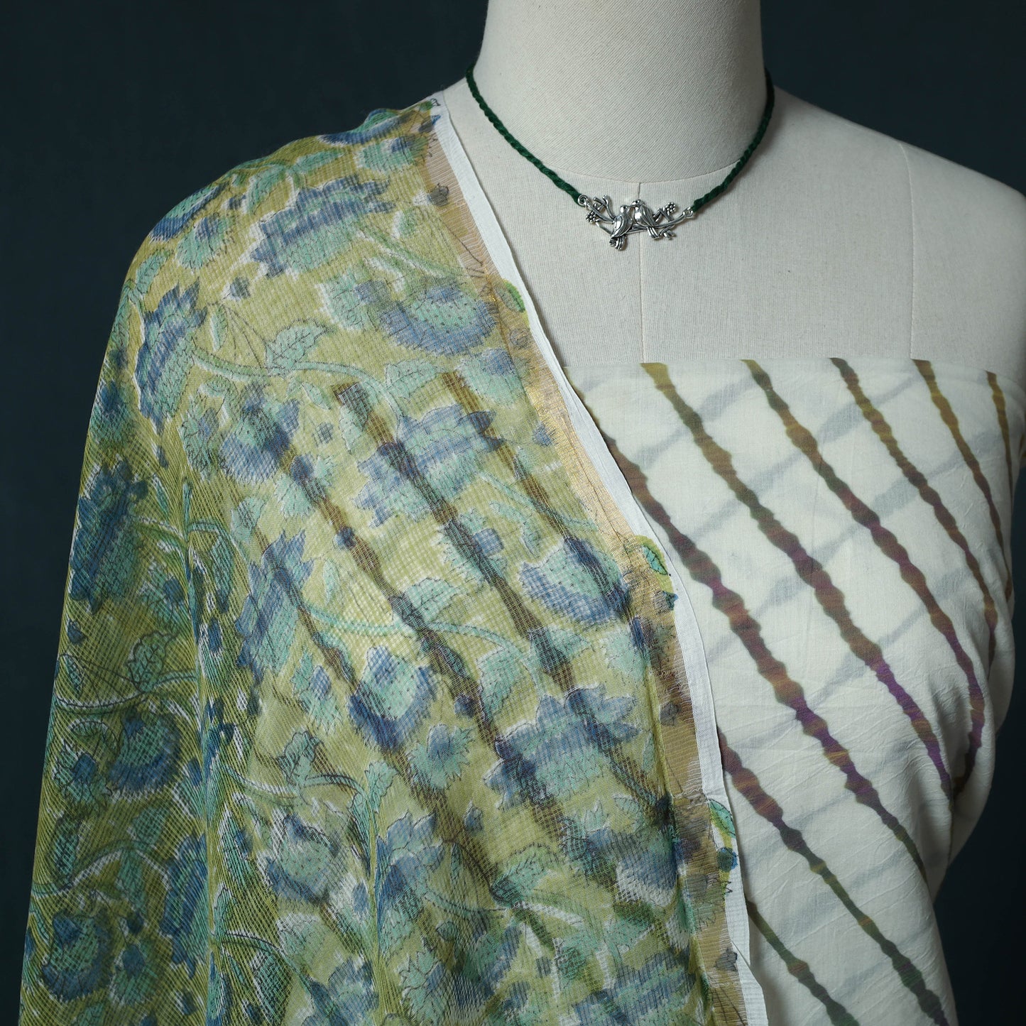 Leheriya Tie-Dye Cotton 2pc Unstitched Dress Material Kurta Set with Jewellery Set 35