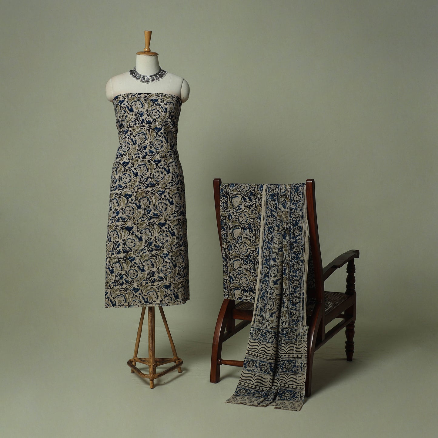Pedana Kalamkari Hand Block Print Natural Dyed Cotton 3pc Unstitched Dress Material Suit Set 02