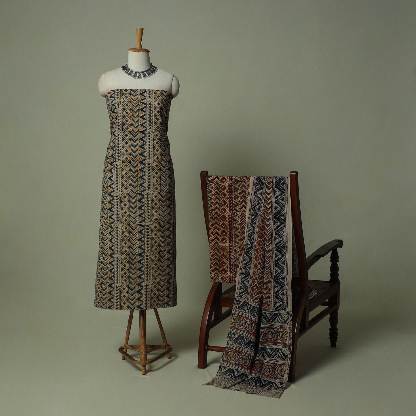 Pedana Kalamkari Hand Block Print Natural Dyed Cotton 3pc Unstitched Dress Material Suit Set 03