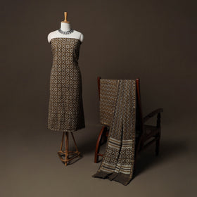 Brown - Natural Dyed Cotton 3pc Unstitched Akola Hand Block Print Dress Material Suit Set 07