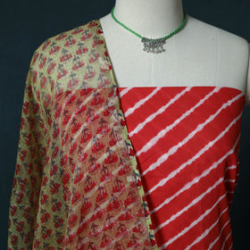 Leheriya Tie-Dye Cotton 2pc Unstitched Dress Material Kurta Set with Jewellery Set 36