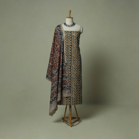 Pedana Kalamkari Hand Block Print Natural Dyed Cotton 3pc Unstitched Dress Material Suit Set 03