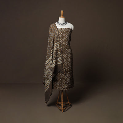 Brown - Natural Dyed Cotton 3pc Unstitched Akola Hand Block Print Dress Material Suit Set 07