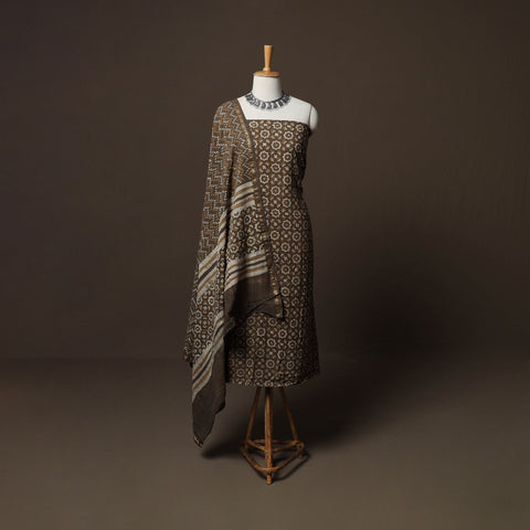 Brown - Natural Dyed Cotton 3pc Unstitched Akola Hand Block Print Dress Material Suit Set 07