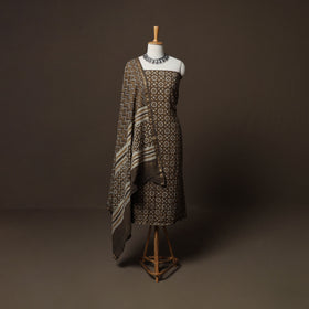 Brown - Natural Dyed Cotton 3pc Unstitched Akola Hand Block Print Dress Material Suit Set 07