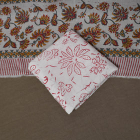 White - Sanganeri Hand Block Print Cotton 3pc Unstitched Dress Material Suit Set 08