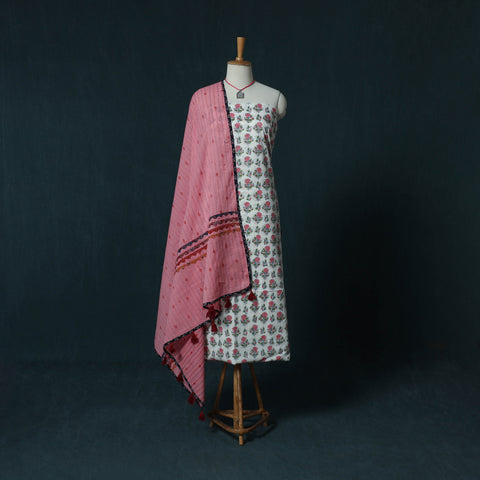 White - Sanganeri Hand Block Print Cotton 2pc Unstitched Dress Material Kurta Set with Jewellery Set 38