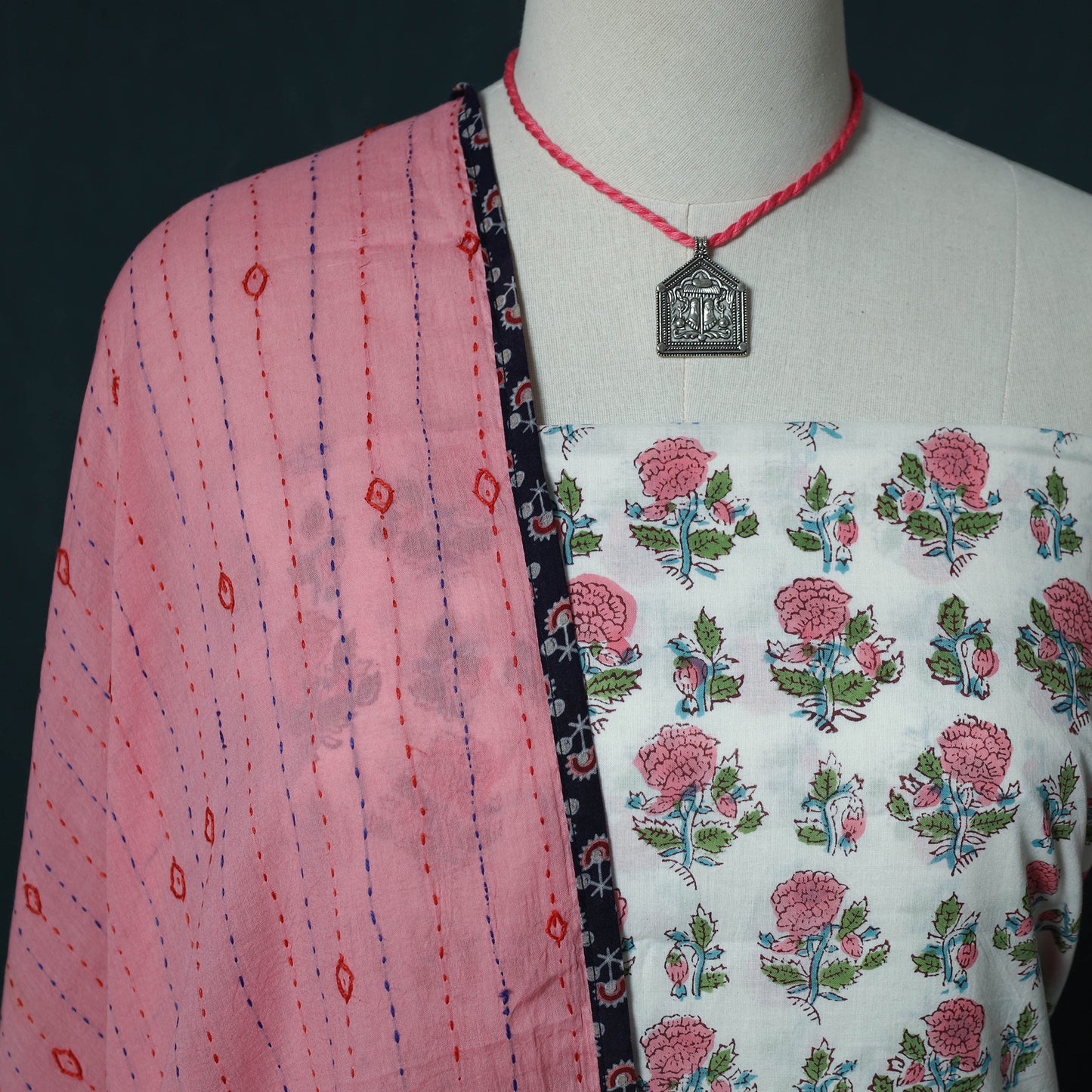 Sanganeri Hand Block Print Cotton 2pc Unstitched Dress Material Kurta Set with Jewellery Set 38