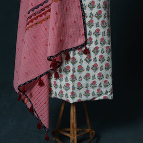 Sanganeri Hand Block Print Cotton 2pc Unstitched Dress Material Kurta Set with Jewellery Set 38