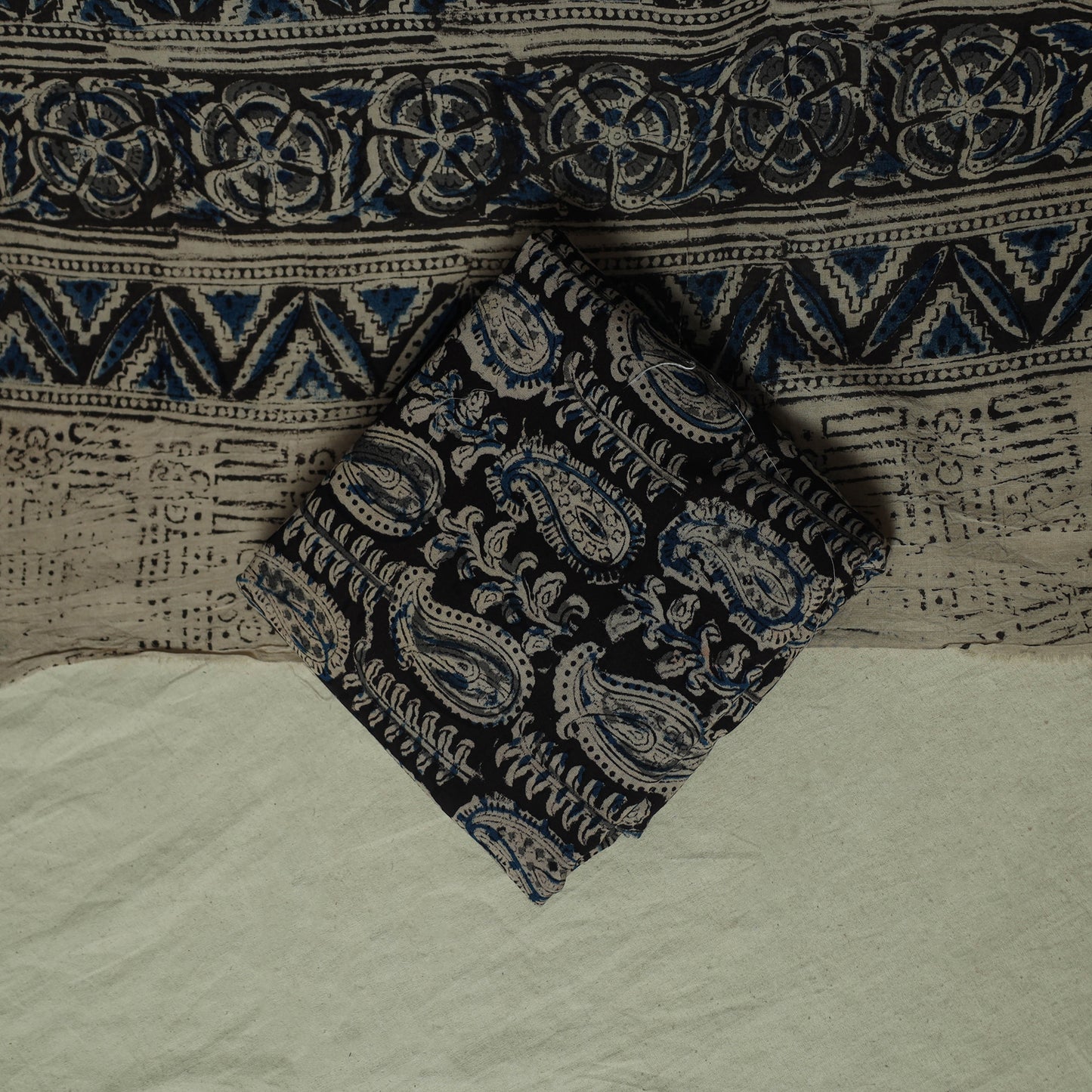 Pedana Kalamkari Hand Block Print Natural Dyed Cotton 3pc Unstitched Dress Material Suit Set 05