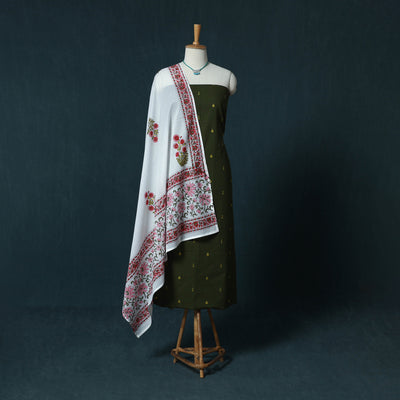 Jacquard Cotton 2pc Unstitched Dress Material Kurta Set with Jewellery Set 39