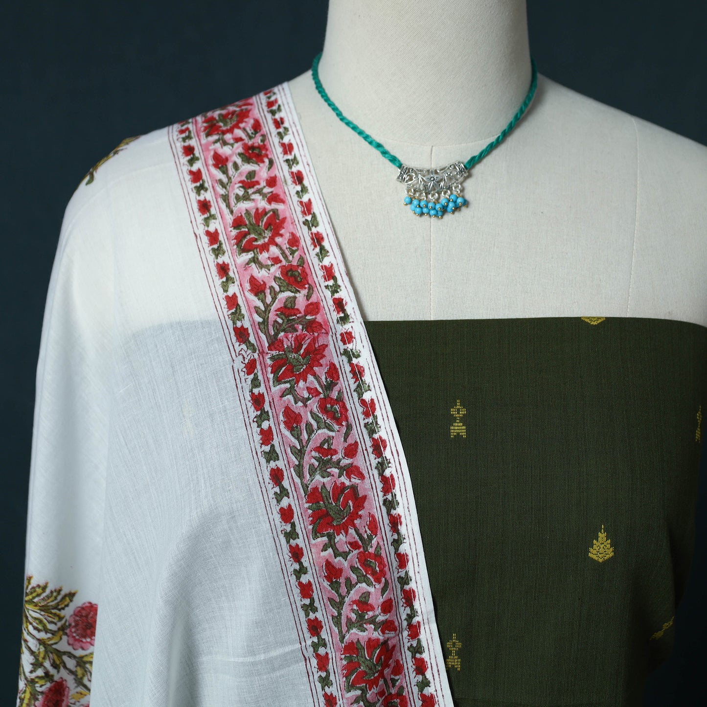 Jacquard Cotton 2pc Unstitched Dress Material Kurta Set with Jewellery Set 39