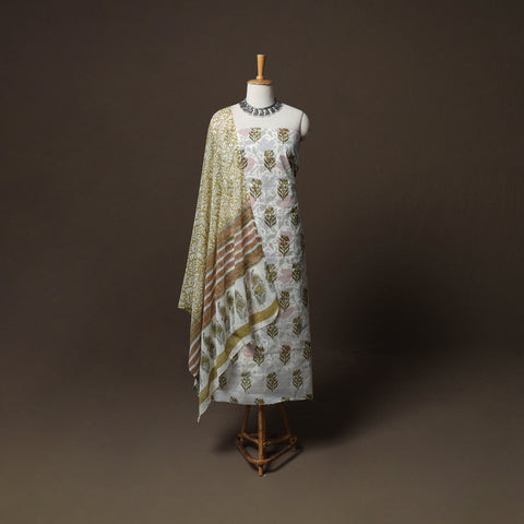 White - Kota Doria Cotton 3pc Unstitched Sanganeri Hand Block Print Dress Material Suit Set 10