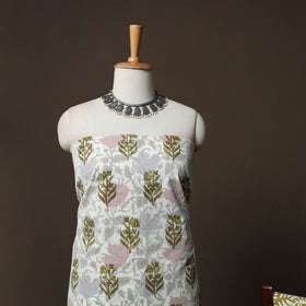 White - Kota Doria Cotton 3pc Unstitched Sanganeri Hand Block Print Dress Material Suit Set 10