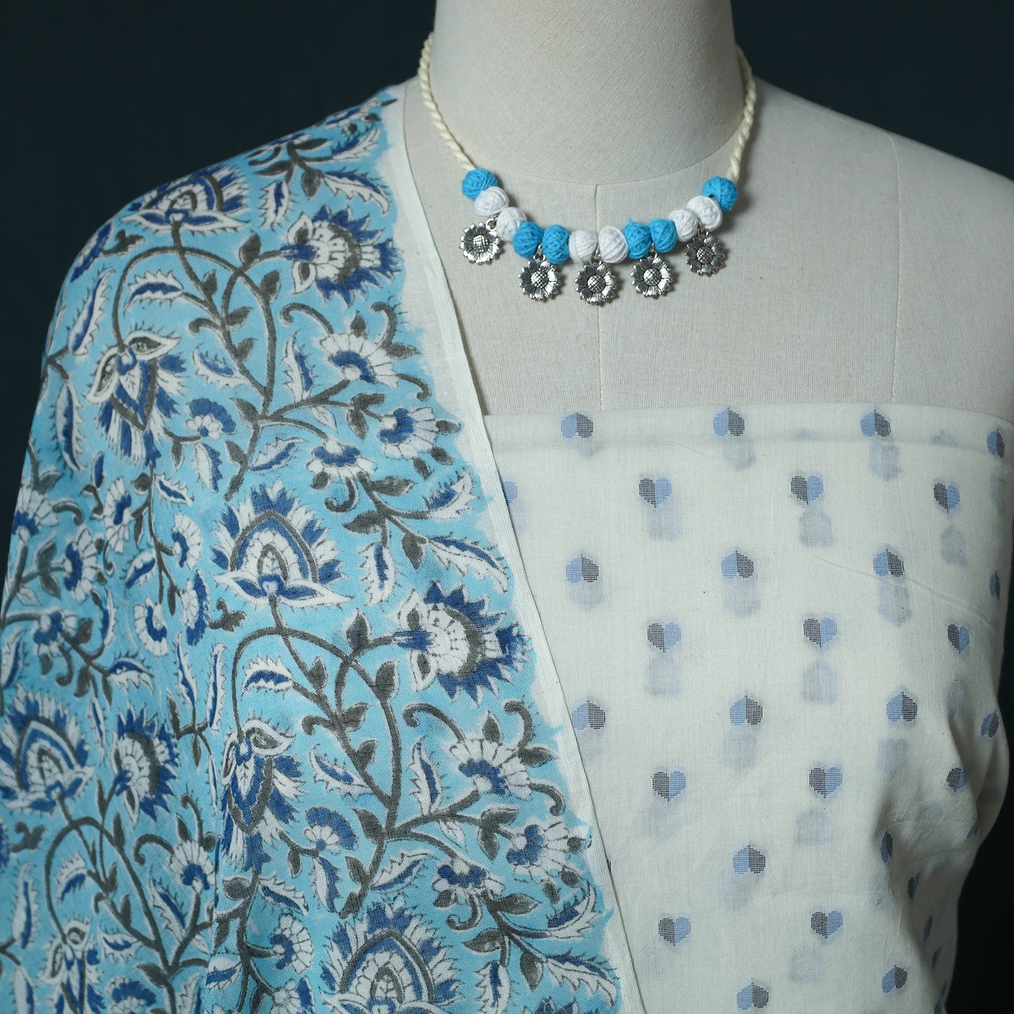 Jacquard Cotton 2pc Unstitched Dress Material Kurta Set with Jewellery Set 40