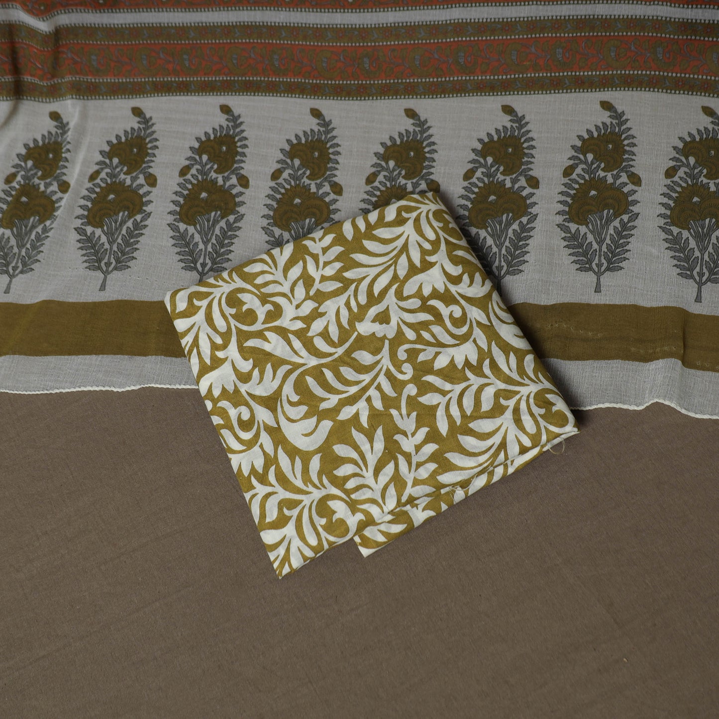 White - Kota Doria Cotton 3pc Unstitched Sanganeri Hand Block Print Dress Material Suit Set 10