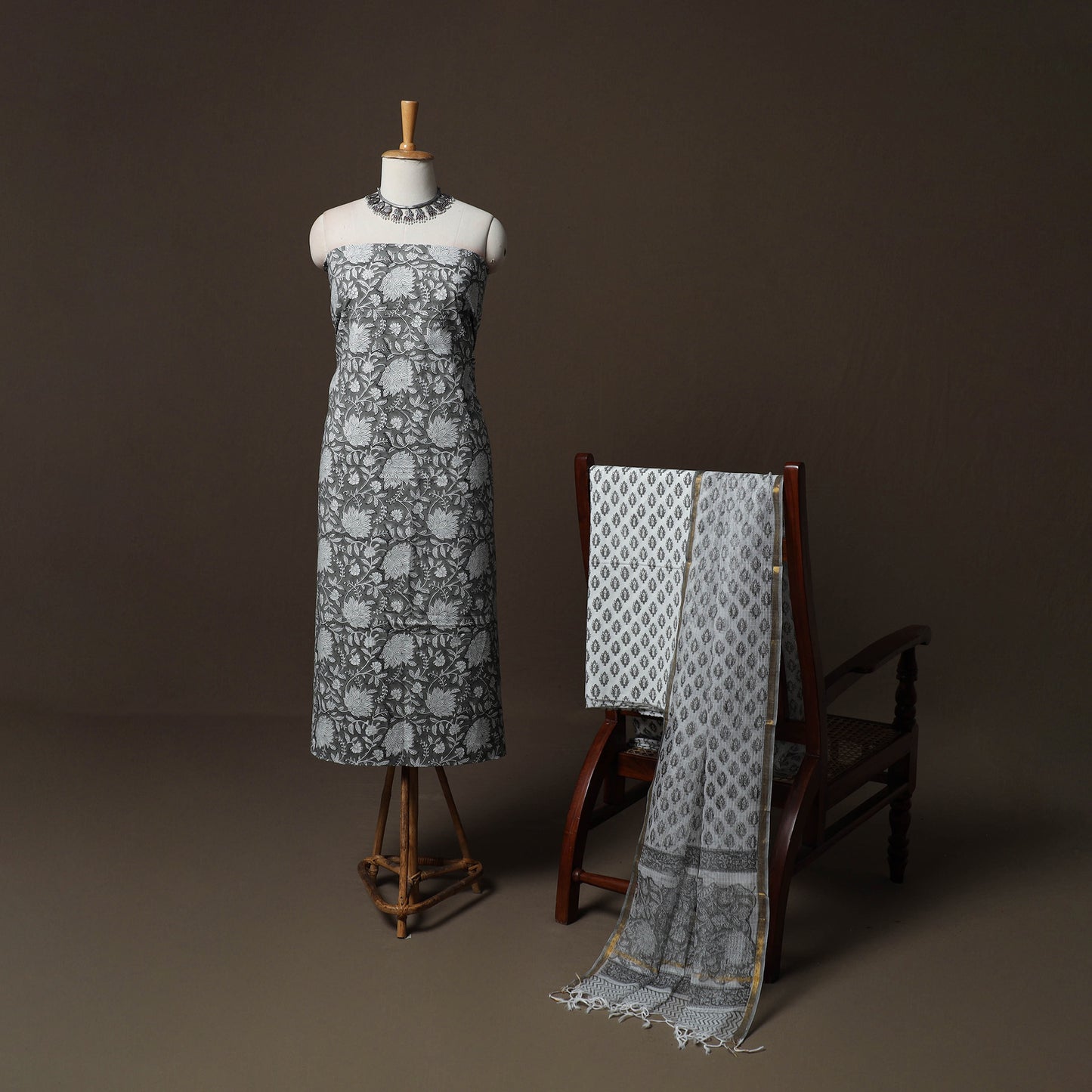Grey - Sanganeri Hand Block Print Cotton 3pc Unstitched Dress Material Suit Set 11