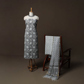 Grey - Sanganeri Hand Block Print Cotton 3pc Unstitched Dress Material Suit Set 11
