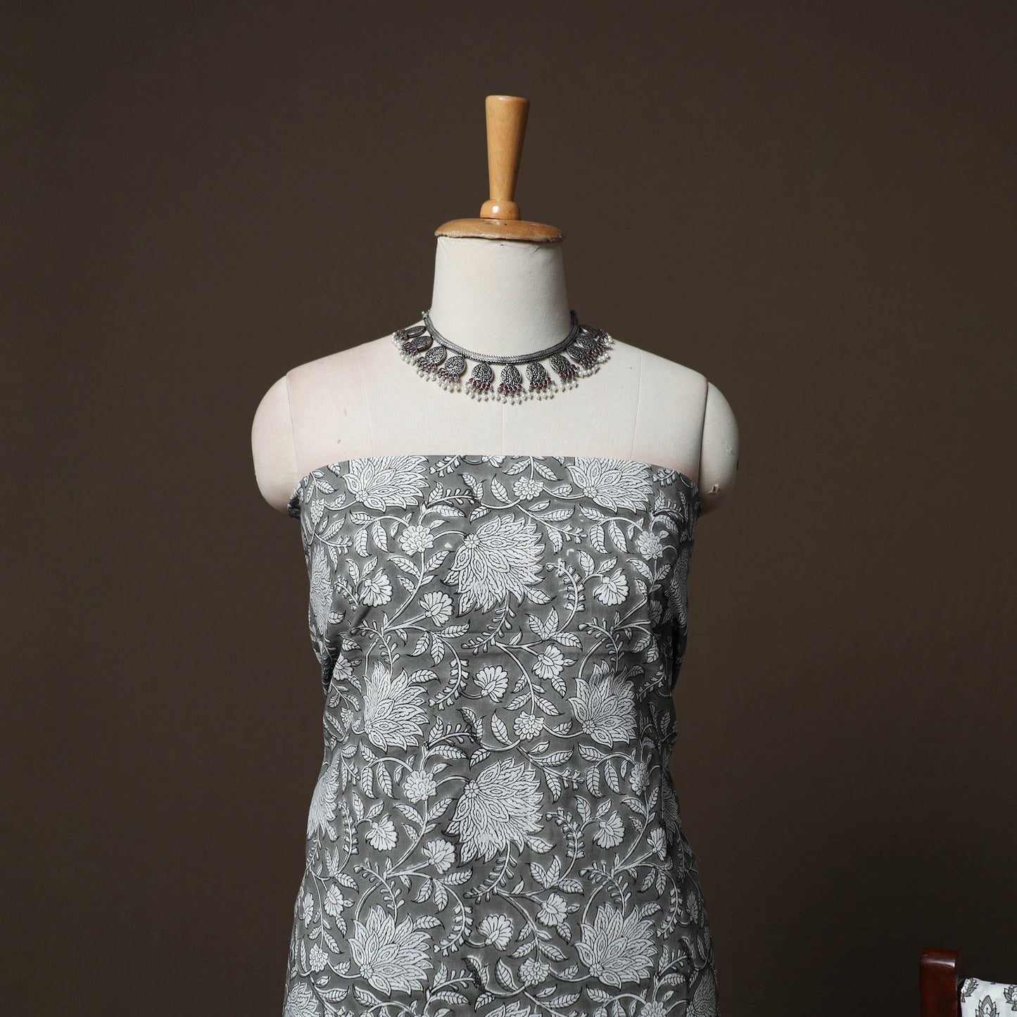 Grey - Sanganeri Hand Block Print Cotton 3pc Unstitched Dress Material Suit Set 11