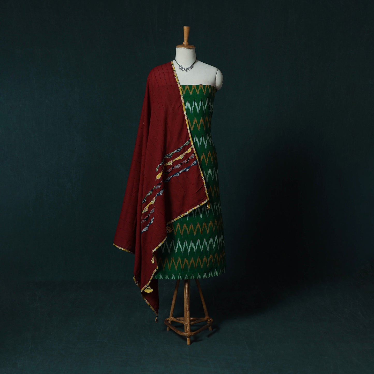 Pochampally Ikat Cotton 2pc Unstitched Dress Material Kurta Set with Jewellery Set 01