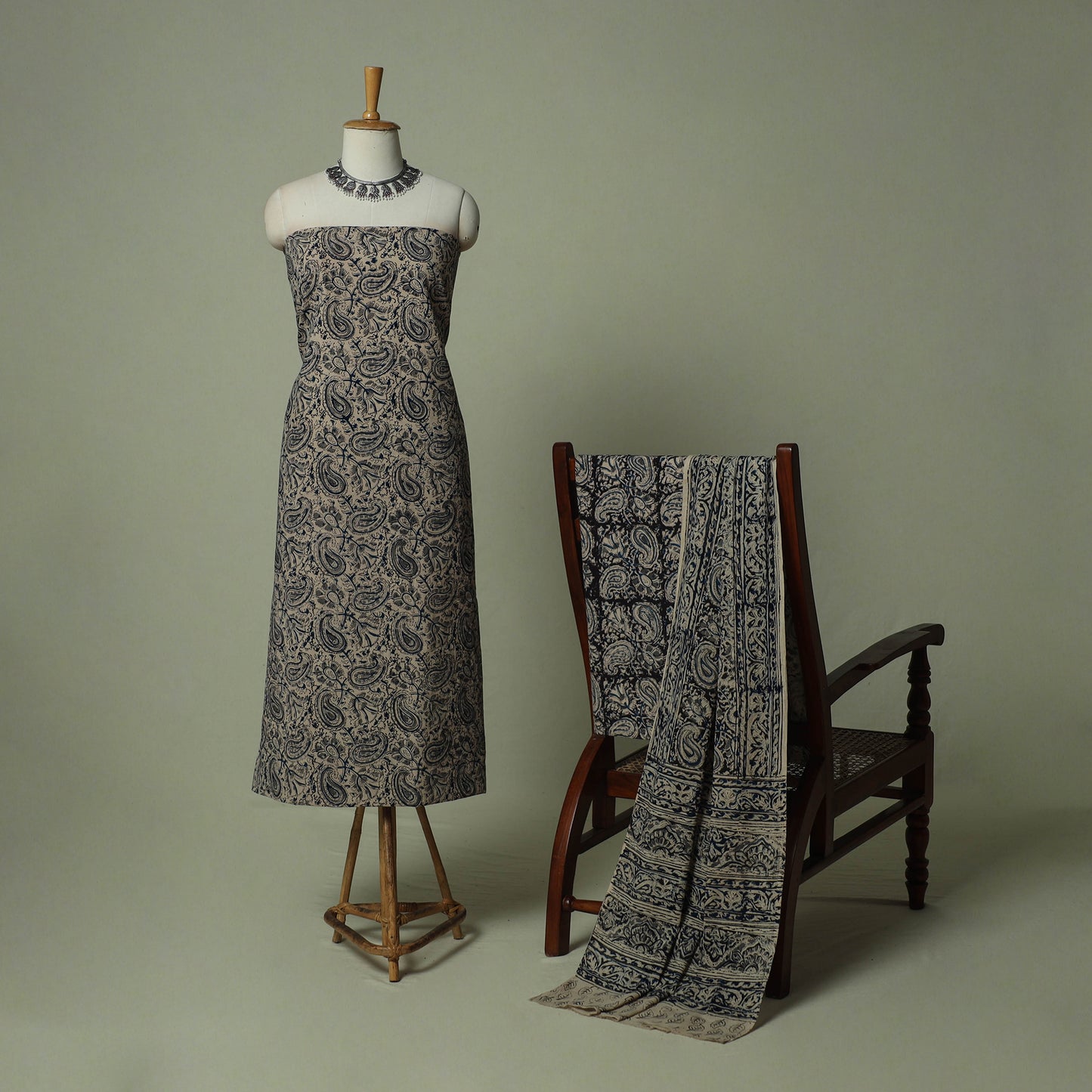 Pedana Kalamkari Hand Block Print Natural Dyed Cotton 3pc Unstitched Dress Material Suit Set 09