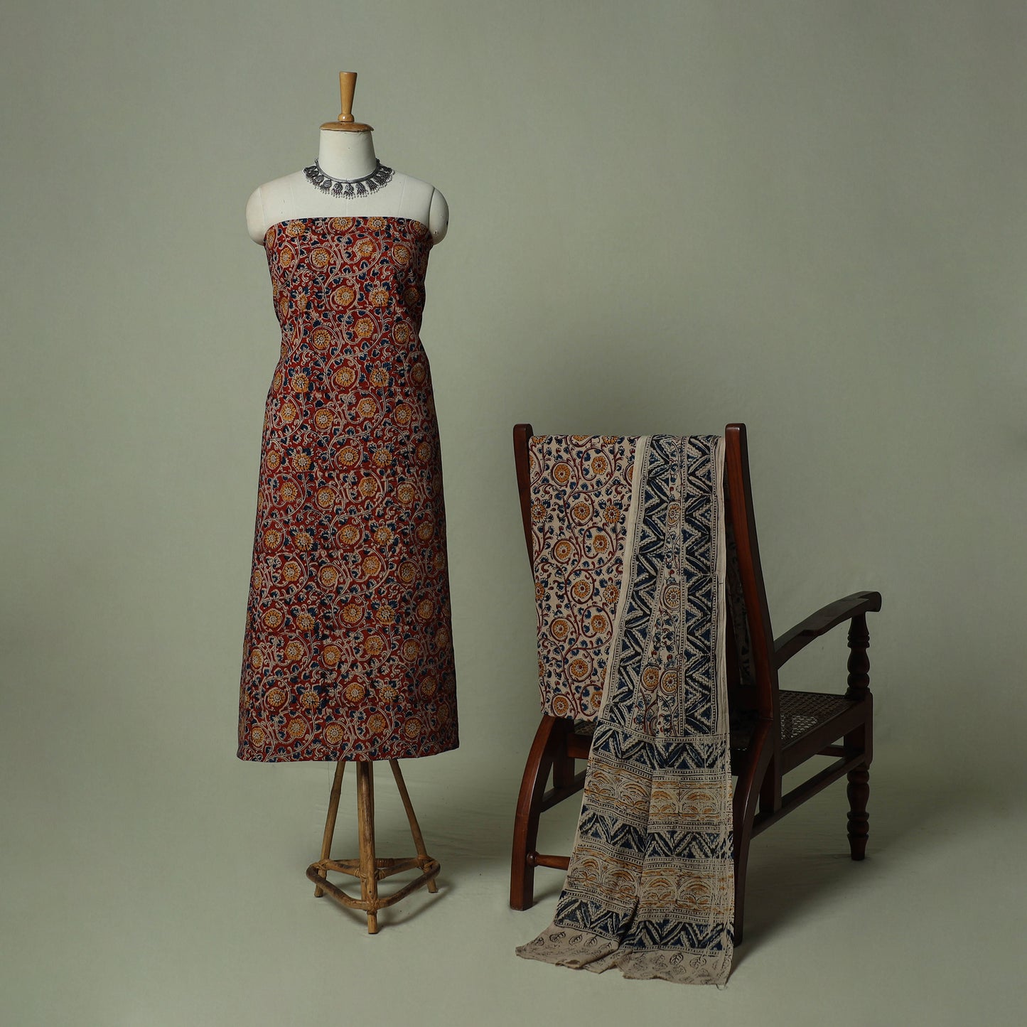 Pedana Kalamkari Hand Block Print Natural Dyed Cotton 3pc Unstitched Dress Material Suit Set 11