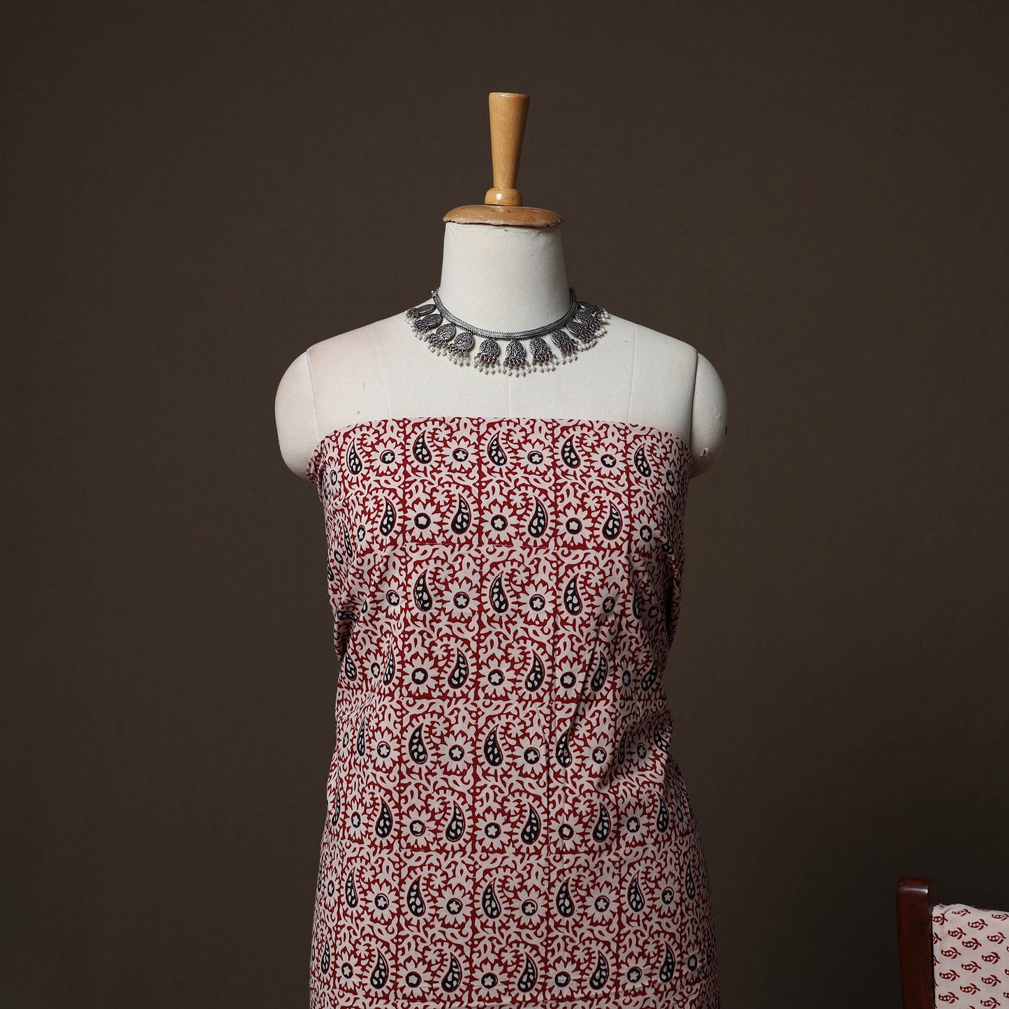 Red - Natural Dyed Cotton 3pc Unstitched Hand Block Bagh Print Dress Material Suit Set 13