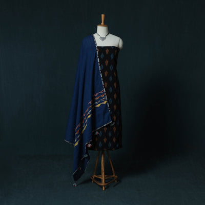 Pochampally Ikat Cotton 2pc Unstitched Dress Material Kurta Set with Jewellery Set 03
