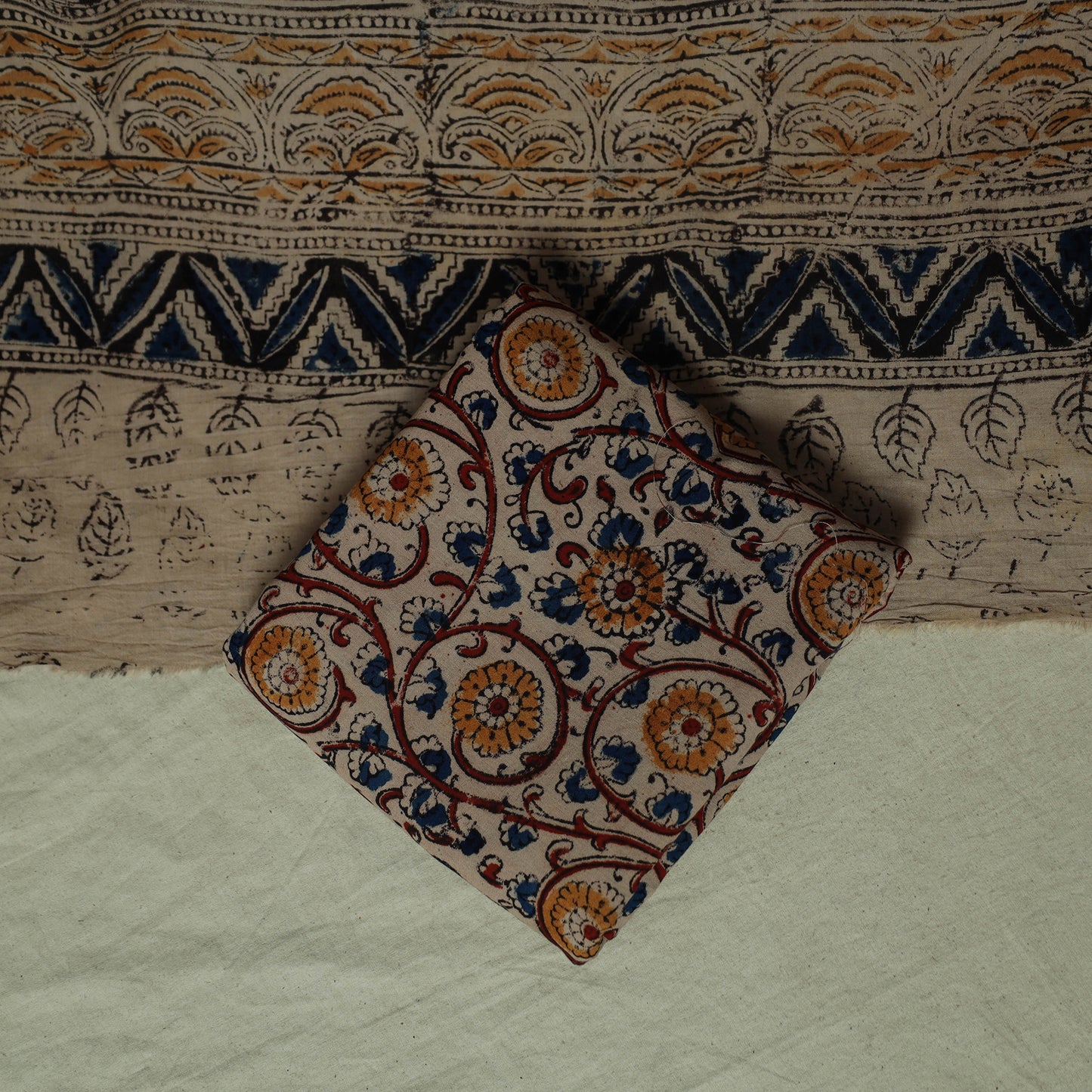 Pedana Kalamkari Hand Block Print Natural Dyed Cotton 3pc Unstitched Dress Material Suit Set 11