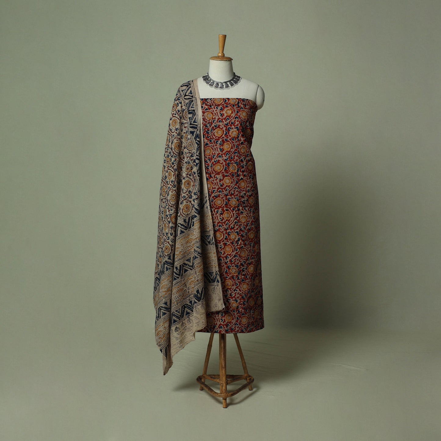 Pedana Kalamkari Hand Block Print Natural Dyed Cotton 3pc Unstitched Dress Material Suit Set 11