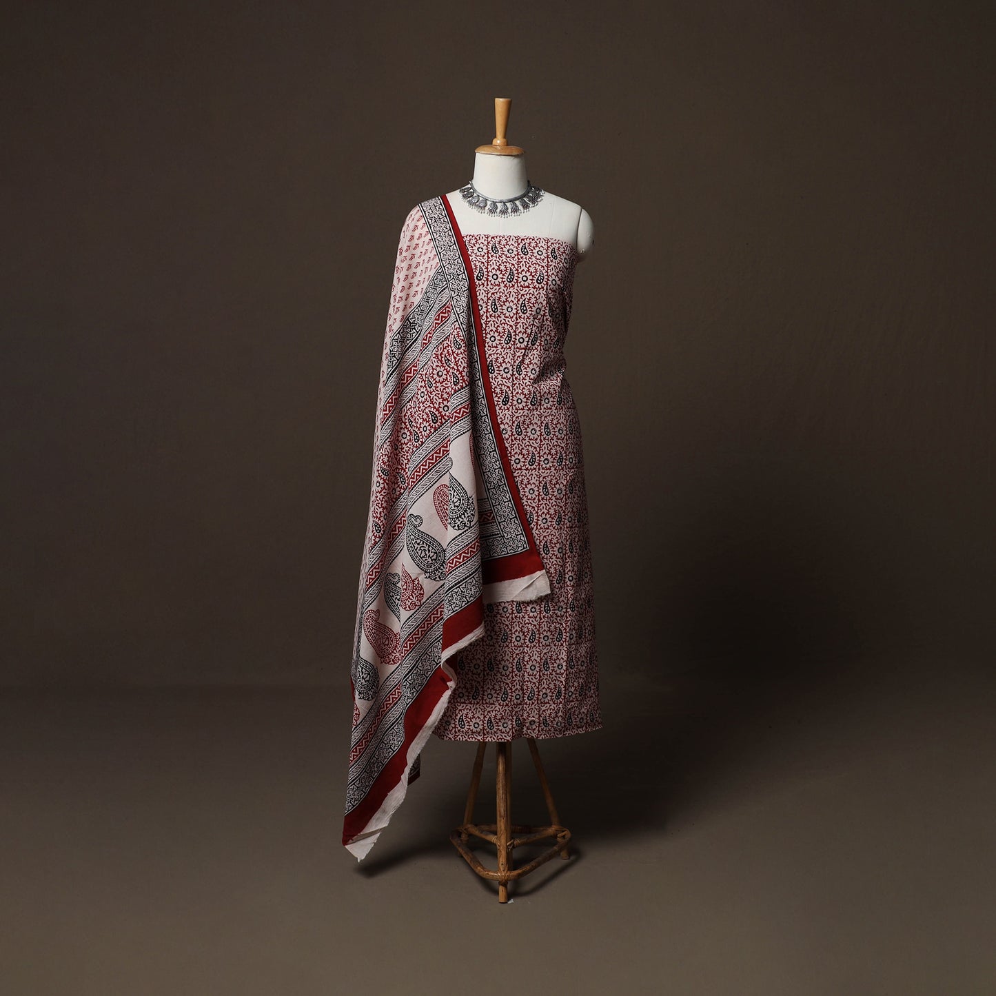 Red - Natural Dyed Cotton 3pc Unstitched Hand Block Bagh Print Dress Material Suit Set 13
