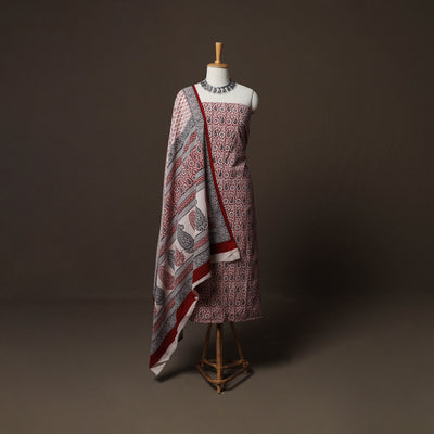 Red - Natural Dyed Cotton 3pc Unstitched Hand Block Bagh Print Dress Material Suit Set 13