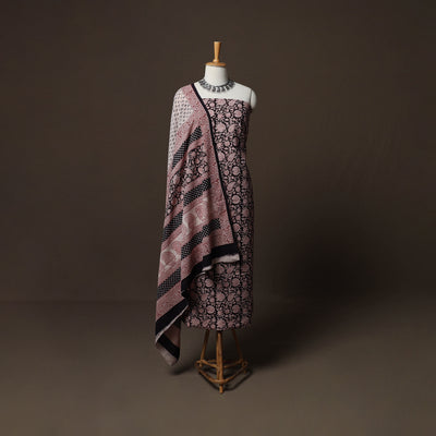 Black - Natural Dyed Cotton 3pc Unstitched Hand Block Bagh Print Dress Material Suit Set 14