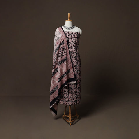 Black - Natural Dyed Cotton 3pc Unstitched Hand Block Bagh Print Dress Material Suit Set 14