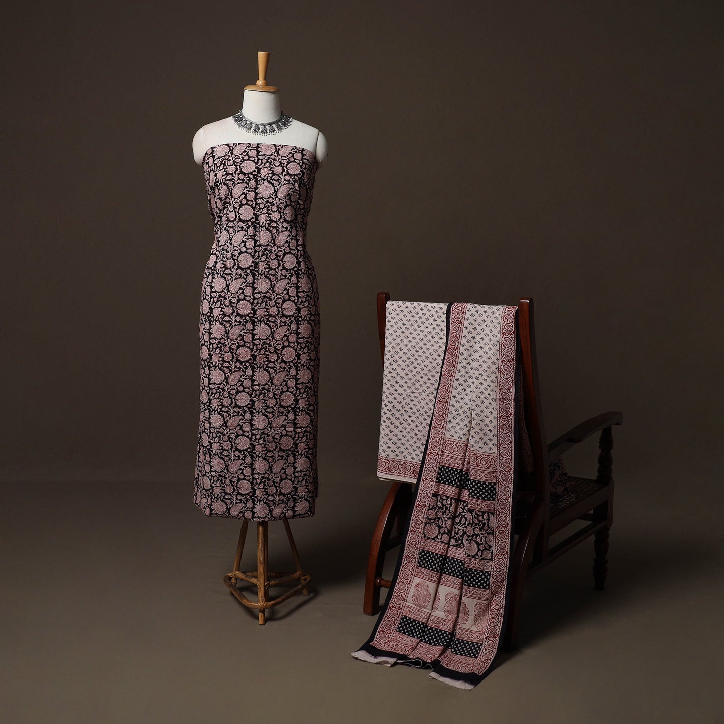 Black - Natural Dyed Cotton 3pc Unstitched Hand Block Bagh Print Dress Material Suit Set 14