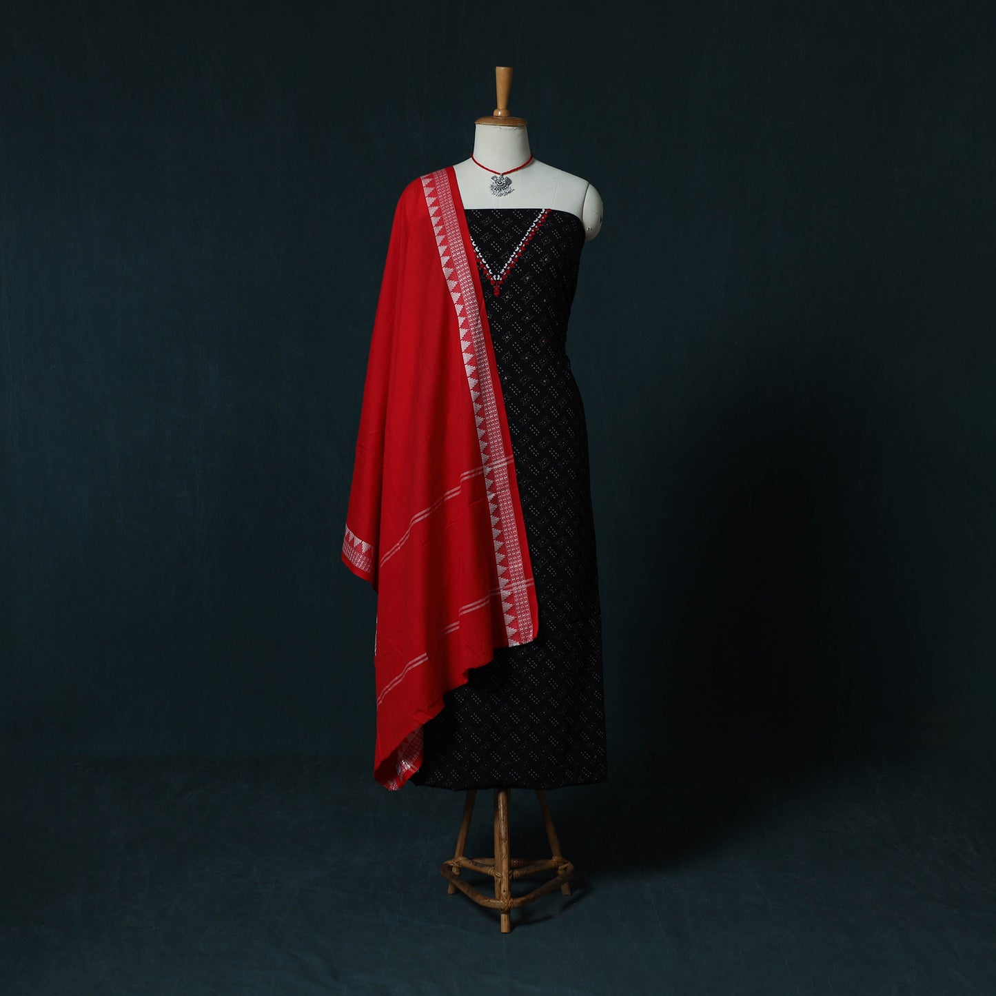 Hand Embroidered Ajrakh Block Print Natural Dyed Cotton 2pc Unstitched Dress Material Kurta Set with Jewellery Set 05