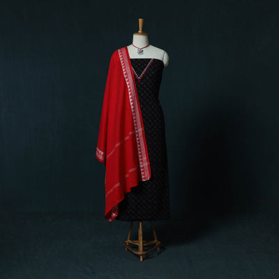 Hand Embroidered Ajrakh Block Print Natural Dyed Cotton 2pc Unstitched Dress Material Kurta Set with Jewellery Set 05