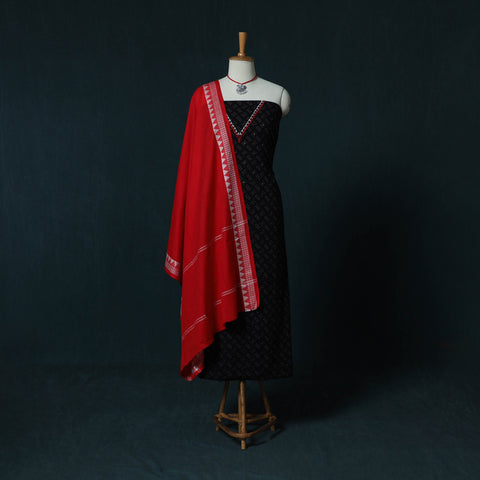 Hand Embroidered Ajrakh Block Print Natural Dyed Cotton 2pc Unstitched Dress Material Kurta Set with Jewellery Set 05