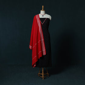 Hand Embroidered Ajrakh Block Print Natural Dyed Cotton 2pc Unstitched Dress Material Kurta Set with Jewellery Set 05
