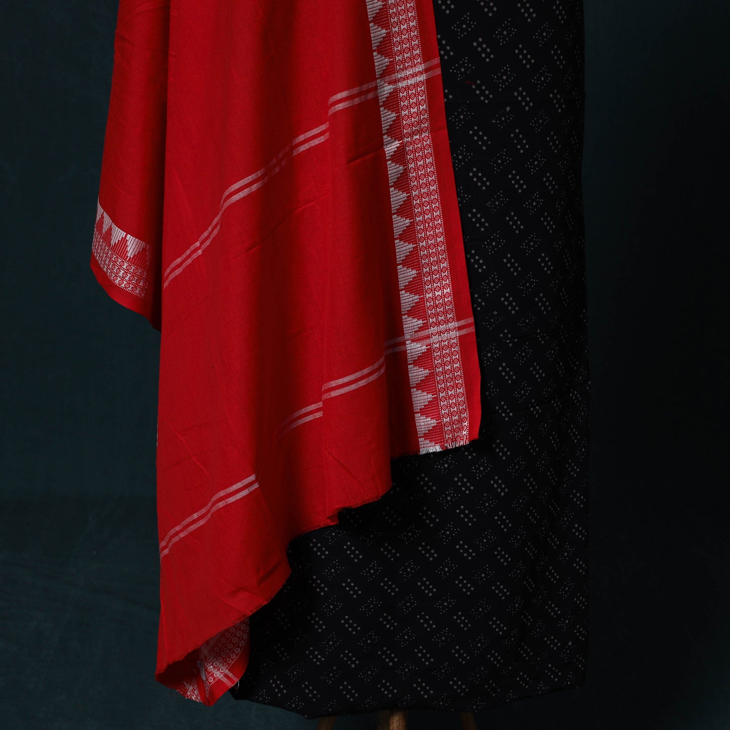 Hand Embroidered Ajrakh Block Print Natural Dyed Cotton 2pc Unstitched Dress Material Kurta Set with Jewellery Set 05