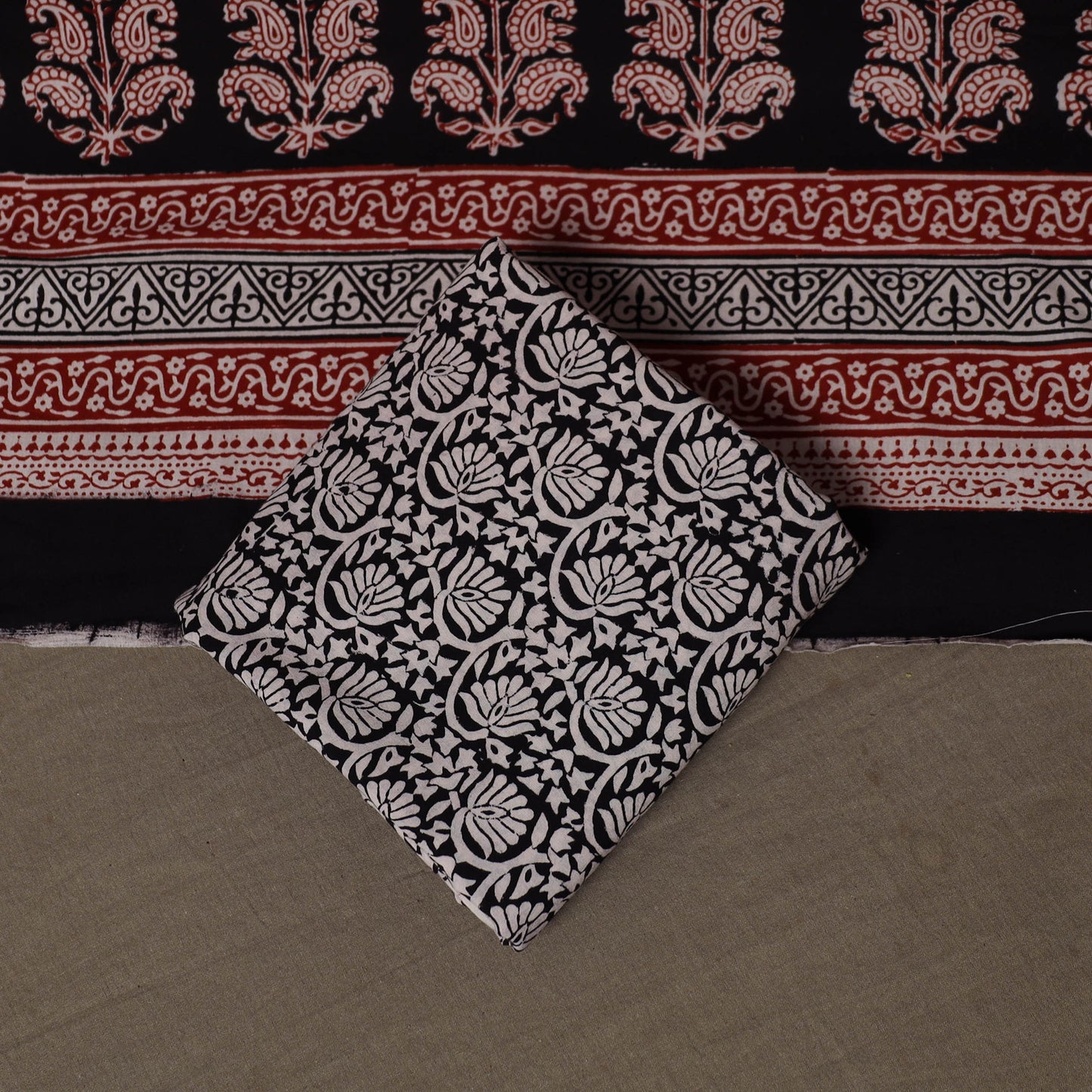 Multicolor - Natural Dyed Cotton 3pc Unstitched Hand Block Bagh Print Dress Material Suit Set 15