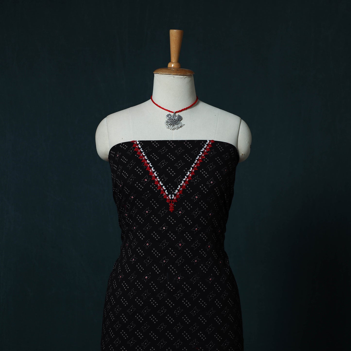 Hand Embroidered Ajrakh Block Print Natural Dyed Cotton 2pc Unstitched Dress Material Kurta Set with Jewellery Set 05